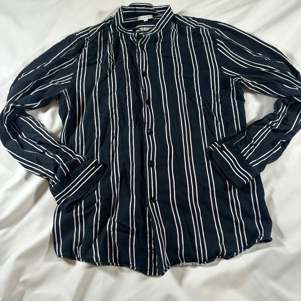 Reiss Yorker Mens Black White Striped Grandad Collar Viscose Shirt Size M